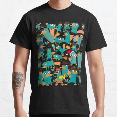 Perry The Platypus Phineas And Ferb Collage Pattern Design Black Background T-Shirt