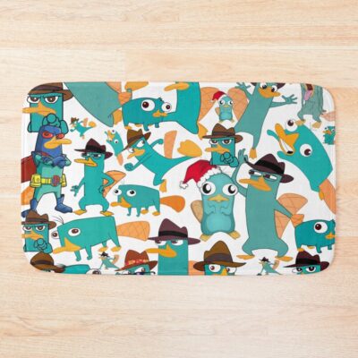 Perry The Platypus Phineas And Ferb Collage Pattern Design White Background Bath Mat