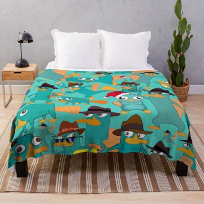 Perry The Platypus Phineas And Ferb Collage Pattern Design Aquamarine Background Throw Blanket