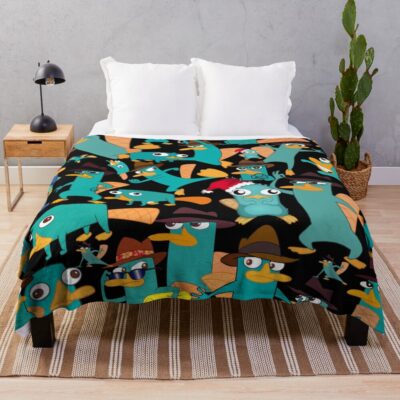 Perry The Platypus Phineas And Ferb Collage Pattern Design Black Background Throw Blanket