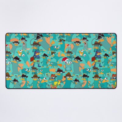 Perry The Platypus Phineas And Ferb Collage Pattern Design Aquamarine Background Mouse Pad