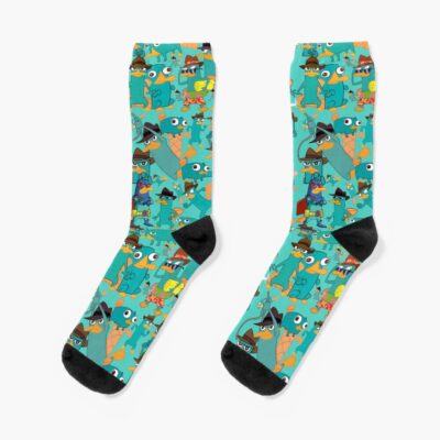 Perry The Platypus Phineas And Ferb Collage Pattern Design Aquamarine Background Socks