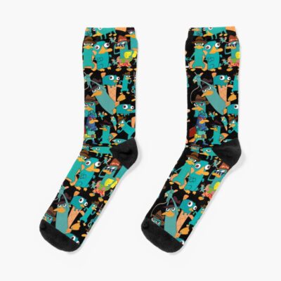 Perry The Platypus Phineas And Ferb Collage Pattern Design Black Background Socks